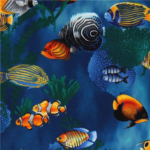 blue tropical fishes fabric corals Robert Kaufman 1