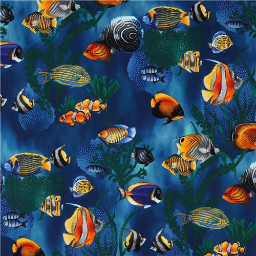 blue tropical fishes fabric corals Robert Kaufman 2
