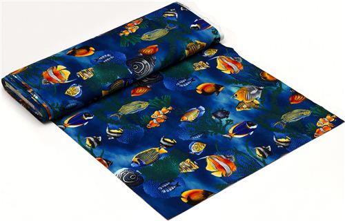 blue tropical fishes fabric corals Robert Kaufman 3