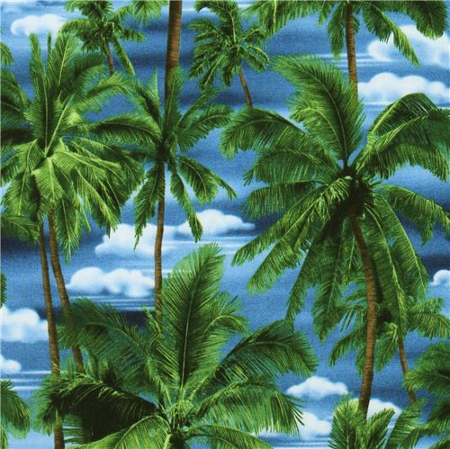 blue tropical palm trees fabric Robert Kaufman 1