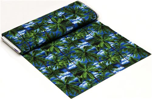 blue tropical palm trees fabric Robert Kaufman 3