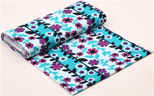 blue-turquoise flower stripe canvas fabric Robert Kaufman USA 3