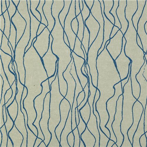 blue wavy lines on grey cotton linen fabric by Robert Kaufman Fabric by