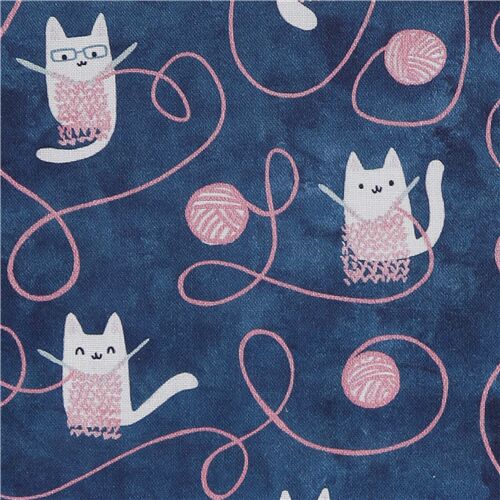 blue white cats knitting pink yarn cotton fabric by Dear Stella - modeS4u
