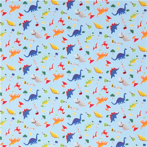 blue white checkered cute colorful funny dinosaur tree fabric 3