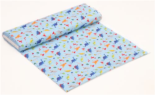 blue white checkered cute colorful funny dinosaur tree fabric 4