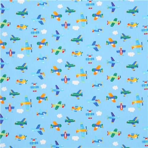 blue with colorful airplane transport poplin fabric from Japan 2