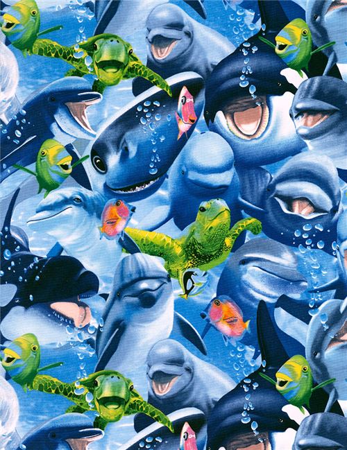 blue with funny turtle dolphin shark fabric by Timeless Treasures ...