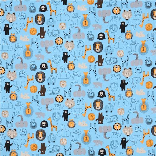 blue with lion elephant giraffe animal poplin fabric from Japan 2