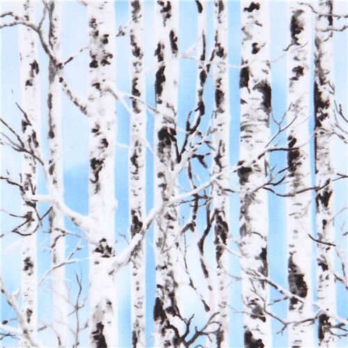 Tela azul con árbol tronco abedul blanco roto y gris de Timeless Treasures  Tela