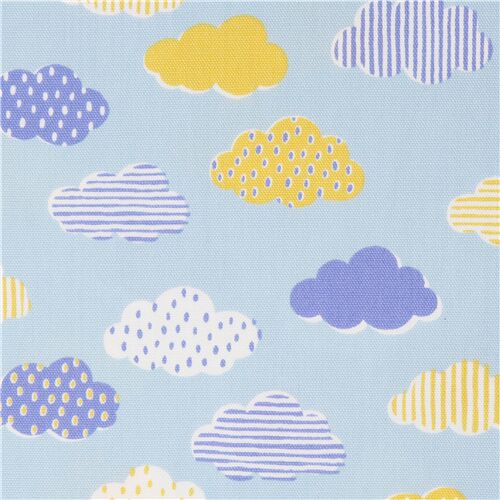 Toile japonaise en coton bleue avec des nuages roses et bleus gouttes de pluie Tissu