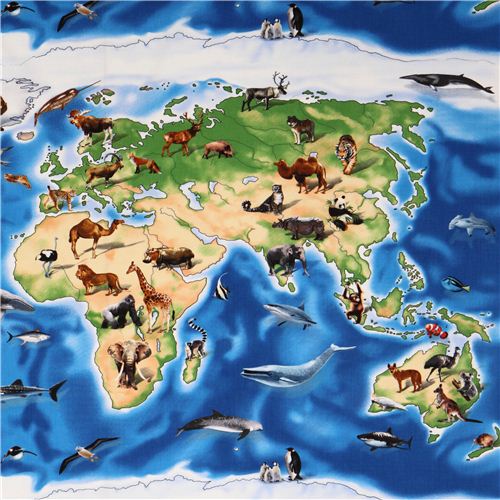 blue world map animal panel fabric Elizabeth's Studio USA 1