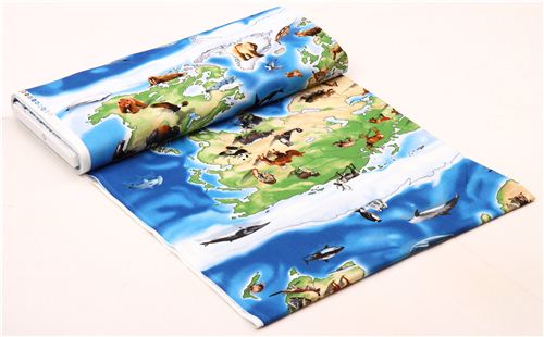 blue world map animal panel fabric Elizabeth's Studio USA 5