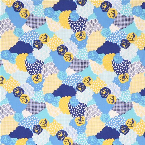 Remnant 37 cm - blue yellow Kokka fabric flower dot grid pattern 2