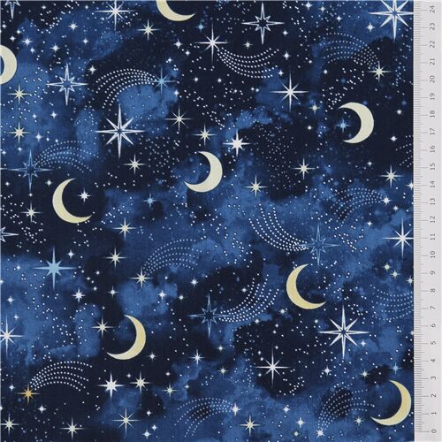 blue yellow moon stars cotton fabric by Timeless Treasures - modeS4u