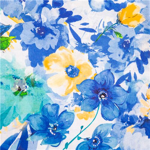 Remnant (47 x 112 cm) - blue yellow white cotton fabric with flowers  foliage - modeS4u