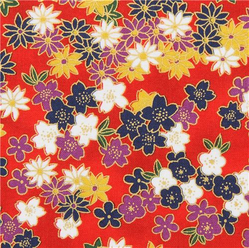 bright red with small blue flower gold metallic embellishment fabric ...