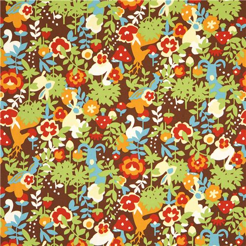 brown Kokka oxford fabric with animals & flowers Japan 2