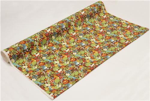 brown Kokka oxford fabric with animals & flowers Japan 3