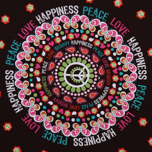 brown Michael Miller fabric Peace Love Happiness flower