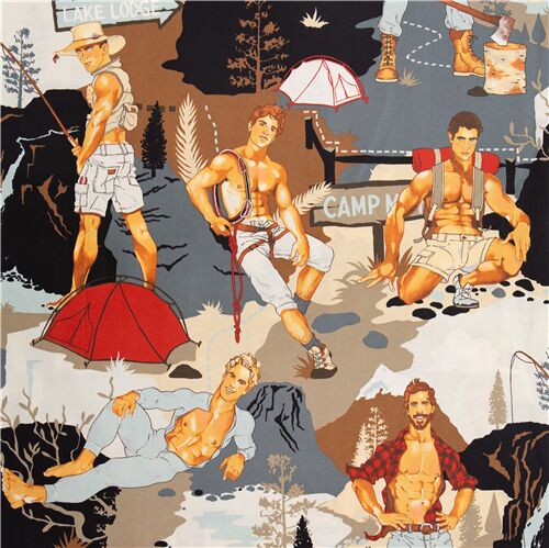 Remnant (50 x 114 cm) - brown and blue-grey camping fabric pin up Alexander Henry