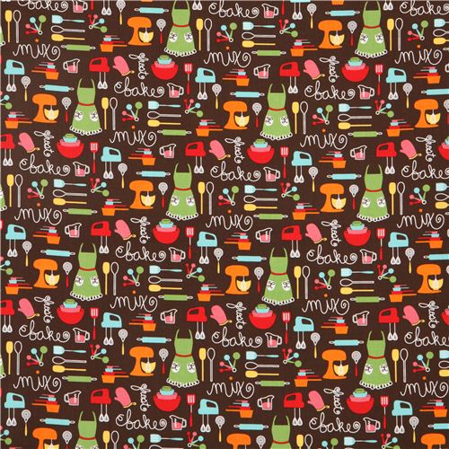 brown apron and kitchen utensils fabric Robert Kaufman 2