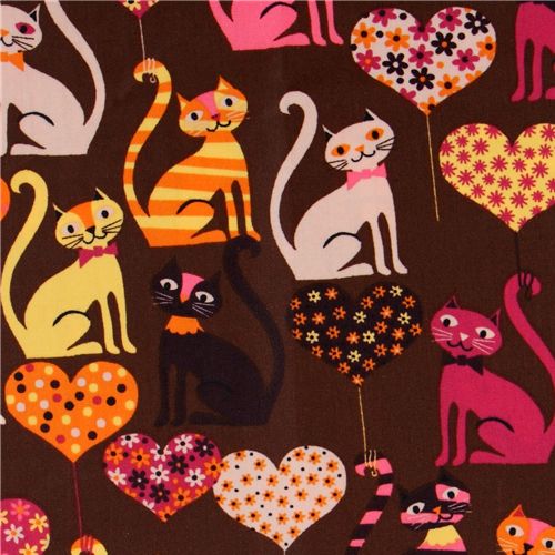 brauner Katzen Stoff Ktzchen Herzen kawaii 0,5m 1