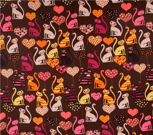brauner Katzen Stoff Ktzchen Herzen kawaii 0,5m 2