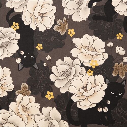 brown cotton Japan fabric metallic gold sakura black cats posing with peonies Fabric