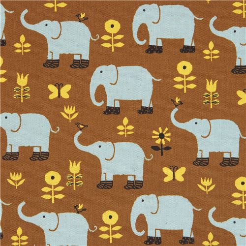 brown cute blue elephant animal yellow flower Canvas fabric Kokka Japan 1