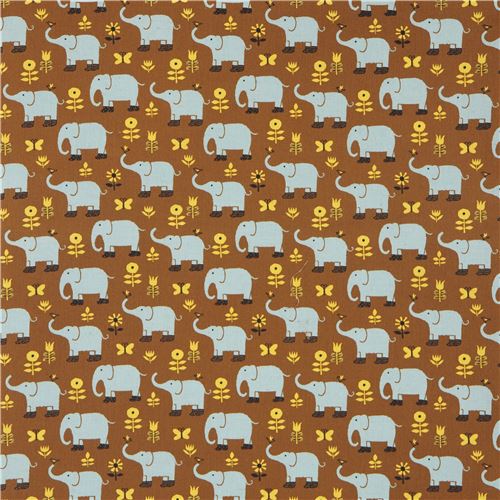 brown cute blue elephant animal yellow flower Canvas fabric Kokka Japan 3