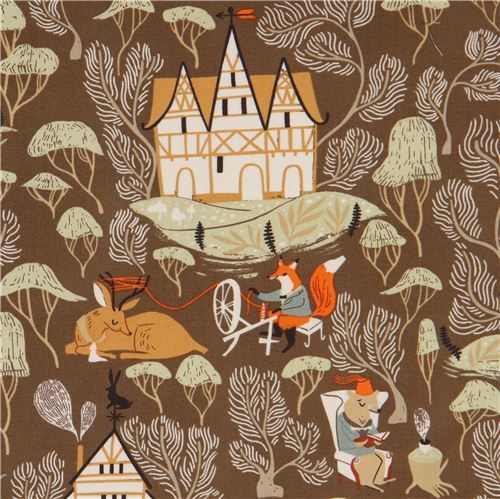 brown fabric by Dear Stella with animals and houses Fabric