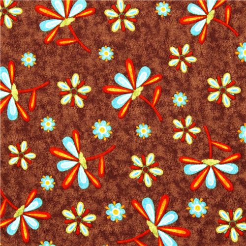 brown fabric with colourful flowers Robert Kaufman 1