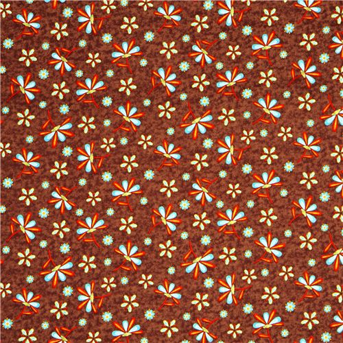 brown fabric with colourful flowers Robert Kaufman 2