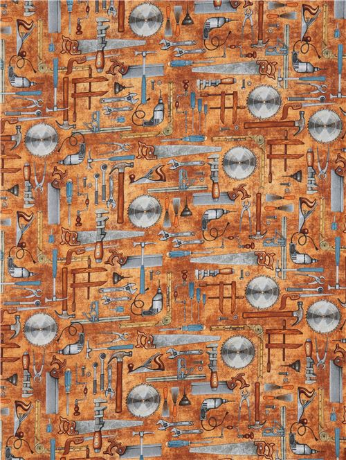 brown fabric with saw hammer tool Quilting Treasures Fabric by Japanese