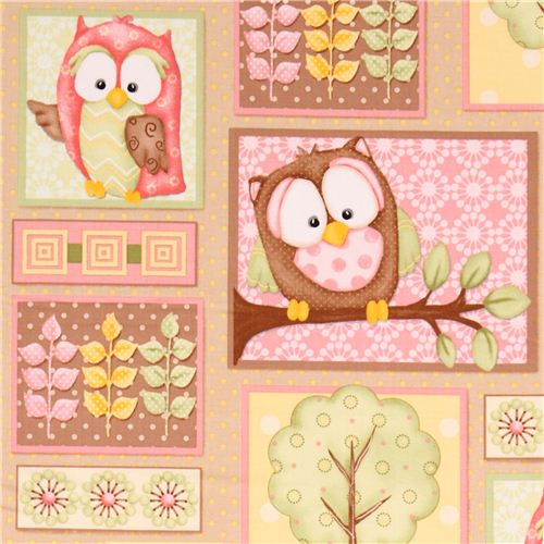 Tissu marron patchwork avec des hiboux, coll. You Whoo! Tissu