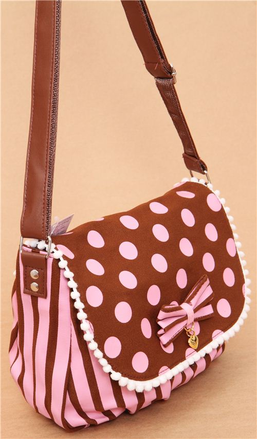 brown-pink polka dot stripes canvas linen shoulder bag - modeS4u
