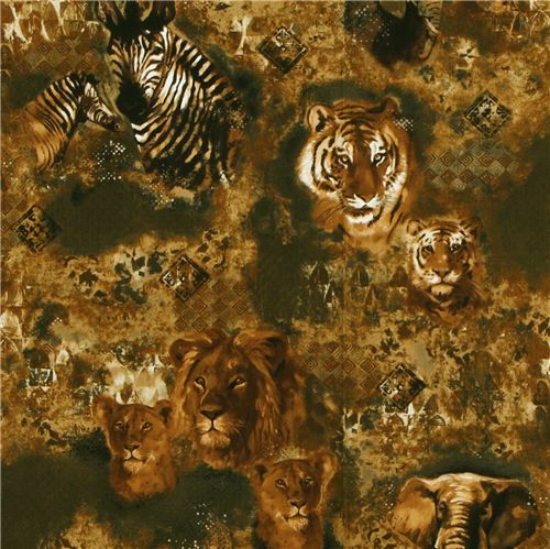 brauner Safari Stoff Löwe Zebra Tiger Robert Kaufman 1