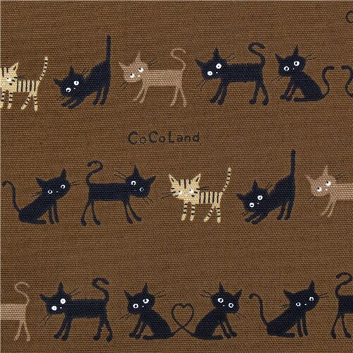 brown with cute beige and striped cat laminate fabric from Japan Fabric
