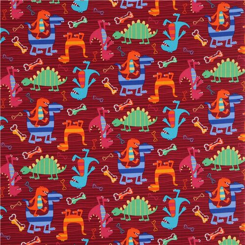 burgundy Michael Miller Dino Dudes tossed dinosaur fabric - modeS4u