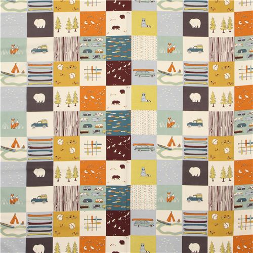 camping patchwork organic fabric with fox bear by birch USA 2