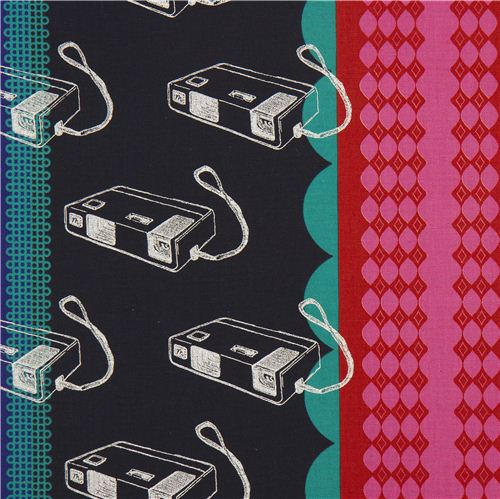 canvas fabric retro cameras stripes red by Kokka from Japan 1
