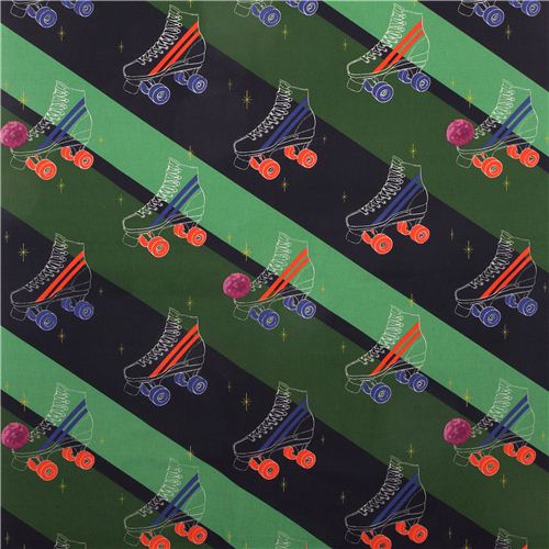 canvas fabric retro roller skates stripes green Kokka Japan 2