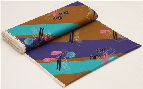 canvas fabric retro roller skates stripes purple Kokka Japan 3
