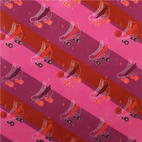 canvas fabric retro roller skates stripes rot Kokka Japan 2