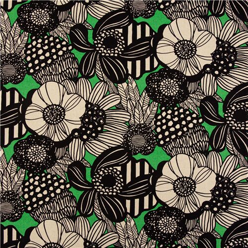 black canvas fabric Japan white green flowers round bloom heads