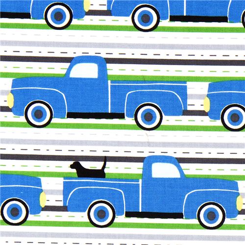 car fabric with blue Pickup trucks dog Robert Kaufman Fabric by Robert ...