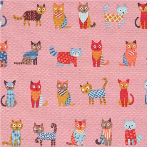 cat animal Oxford fabric dark blush pink from Japan Fabric