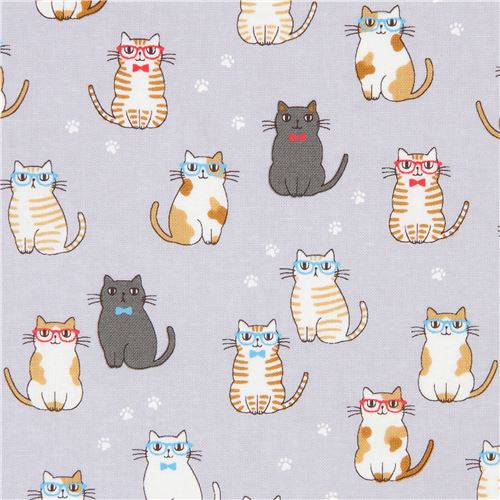 cats wearing glasses fabric by Cosmo in grey-purple Fabric