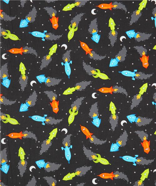 charcoal grey rocket spaceship fabric 'Spaced Out' Robert Kaufman - modeS4u